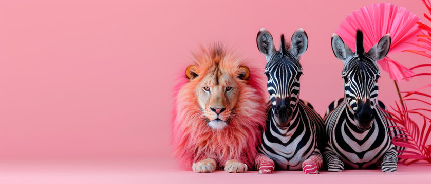 A lion flanked by two zebras presents a striking image of unity and contrast on a vibrant pink background