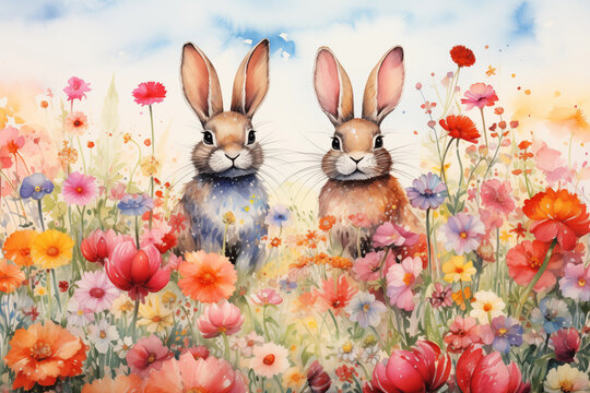 Charming illustration of two rabbits in a vibrant field of multicolored flowers
