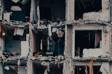 destroyed and burned houses in the city during the war in Ukraine