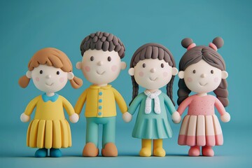 Three Small Children Figurines Playing Together