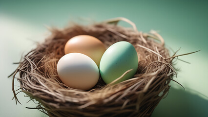 Three colored easter eggs in a nest on a green background