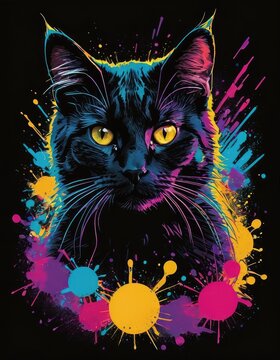 Cosmic Feline: Vibrant Cat and Moon Artwork for T-Shirt Design