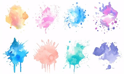 Set of pastel watercolors with splash and stain effects
