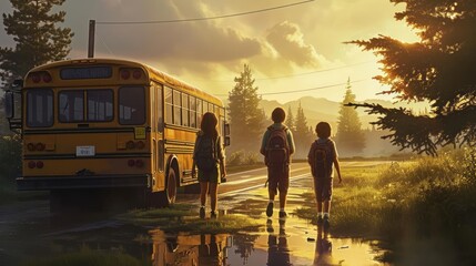 Generative AI School bus arrival, kids with backpacks, morning sunrise, excited chatter, realistic and detailed scene