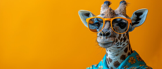 A giraffe donning a blue Hawaiian shirt with orange glasses, exhibiting a humorous vacation vibe - obrazy, fototapety, plakaty
