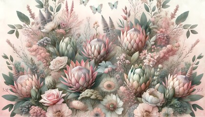 Watercolor painting of Proteas Floral - obrazy, fototapety, plakaty