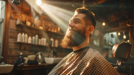 A man with a beard sits in a barber chair with a smile on his face. The barber shop is filled with various bottles and bottles of hair products, including a bottle of shampoo - obrazy, fototapety, plakaty