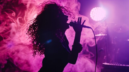 Silhouette of curly haired woman singing with microphone on stage