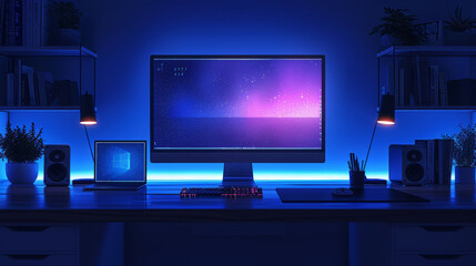 Fototapeta premium Powerful Personal Computer Gamer Rig with First-Person Shooter Game on Screen. Monitor Stands on the Table at Home. Cozy Room with Modern Design is Lit with Pink Neon Light.