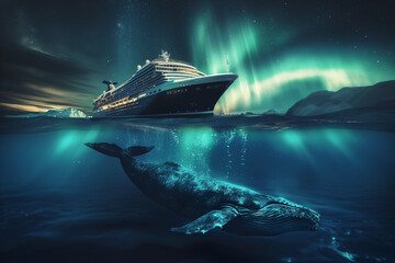Cruise ship in the northern calm sea with blue whale under water and green aurora in the night sky