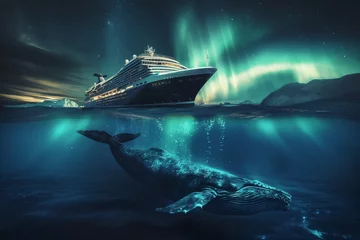 Poster Cruise ship in the northern calm sea with blue whale under water and green aurora in the night sky © Maizal