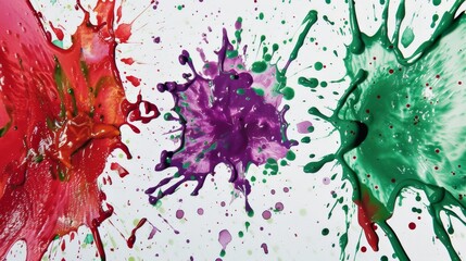 Three vividly colored paints have been splattered across a pristine white surface, creating a dynamic and vibrant artistic display. Each paint splatter stands out uniquely, adding interest and contras - obrazy, fototapety, plakaty