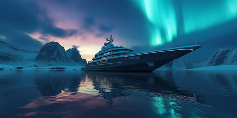 Cruise ship in the northern sea with snow mountain  and aurora light in the sunset sky