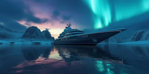 Poster de jardin Aurores boréales Cruise ship in the northern sea with snow mountain  and aurora light in the sunset sky