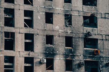 destroyed and burned houses in the city during the war in Ukraine