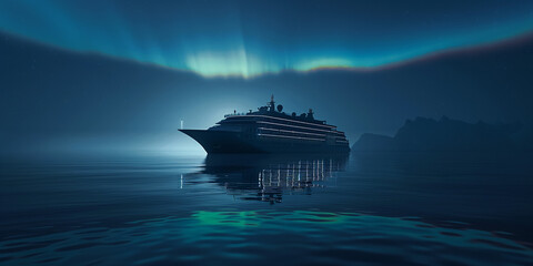 Cruise ship in the northern calm sea with green aurora in the night sky