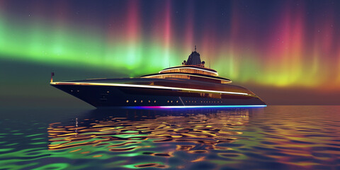 Luxury Cruise ship in the northern calm sea with  colorful aurora light in the night sky