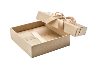 Open a beige gift box with a ribbon isolated on a transparent background