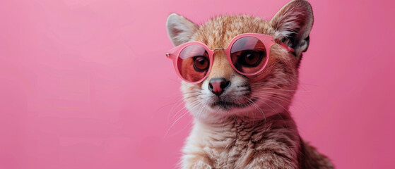 A cat with stylish sunglasses peeking over a plain cardboard sign, awaiting your message