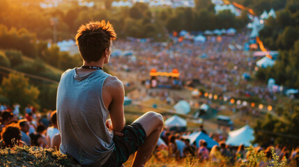 festival goer figure perched atop a hill overlooking a one of the largest summer music festival