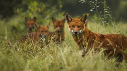 A group of foxes is walking through tall grass in their natural habitat. The foxes appear to be on the move, possibly hunting or exploring the area.