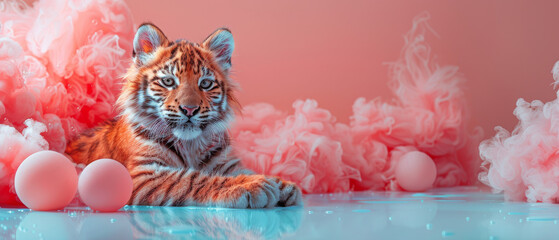 A baby tiger rests on a reflective surface, surrounded by mysterious pink smoke, creating a dreamy atmosphere