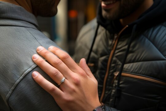 
Close-up image of a gay couple's proposal, with one partner reaching out to present an engagement ring to the other partner, their expressions reflecting pure happiness and anticipation