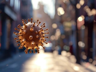 A close-up view of a single airborne viral particle against a blurred background of a typical urban environment. The invisible threat of airborne diseases. AI