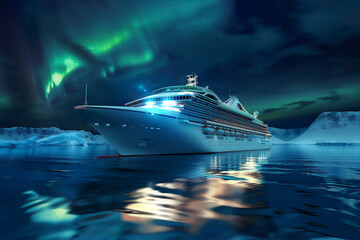 Cruise ship in the northern calm sea with snow mountain and green aurora light in the night sky