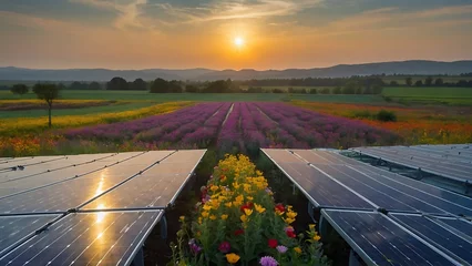 Fototapeten Solar panels and flowers in the field at sunset,  © ASGraphics