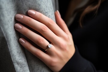 A man's fingers clasping an engagement ring, with his adoring girlfriend gently blurred behind him.