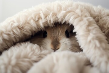 Close up photo Cute fluffy bunny hiding in a cozy blanket