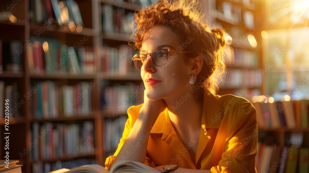 Poster a woman is immersed in reading a book while sitting in a library surrounded by shelves of books. she