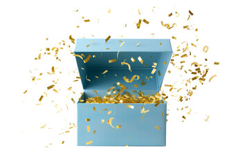 Open a light blue gift box with golden confetti scattering an isolated transparent background