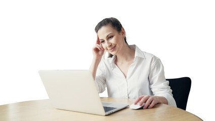 A female office employee uses a laptop to chat with a client. Transparent background.