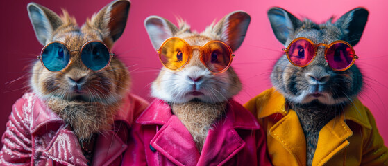 A group of cheeky rabbits wearing bold sunglasses and jackets against a pink background for a playful vibe - obrazy, fototapety, plakaty