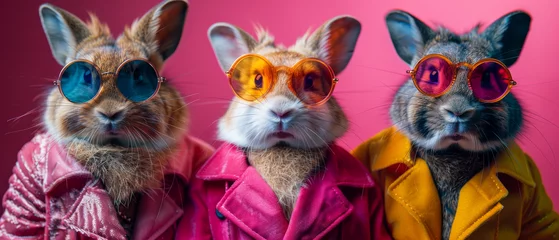 Deurstickers A group of cheeky rabbits wearing bold sunglasses and jackets against a pink background for a playful vibe © Daniel