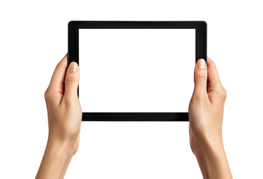 Hands holding black tablet isolated on transparent background With clipping path. cut out. 3d render