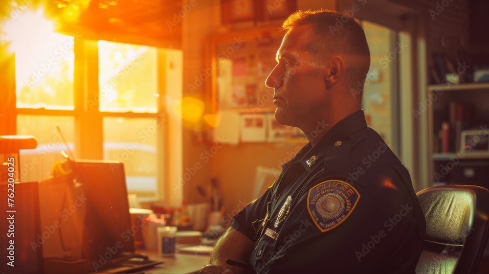 Aufkleber A police officer is seated at a desk, focused on a computer screen in front of them. They are wearing a uniform and appear to be engaged in work-related tasks.