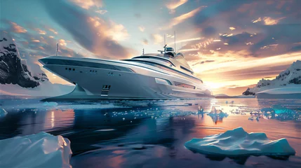 Poster Aurores boréales Luxury Cruise ship in the northern sea with snow mountain and sunset sky