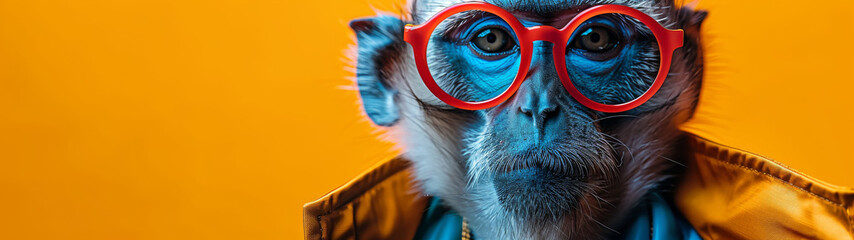 A vibrant and playful image of a dog styled with sunglasses and a faux fur jacket on a vivid orange backdrop - obrazy, fototapety, plakaty