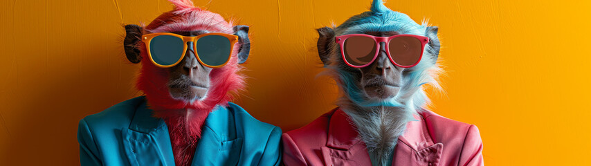 A humorous image of two baboons in suits with dyed hair and sunglasses poses playfully