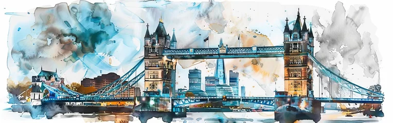 Cercles muraux Tower Bridge A detailed watercolor painting showcasing the iconic Tower Bridge in London. The art features the distinctive architecture of the bridge spanning over the River Thames, with intricate details of its t