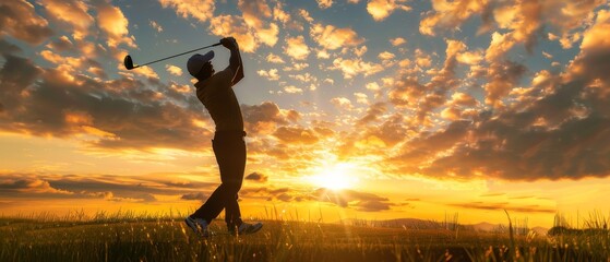Sport golfing equipment background banner - Black sihouette of a golfer man with golf club putter and golf ball on meadow field during sunset or sunrise