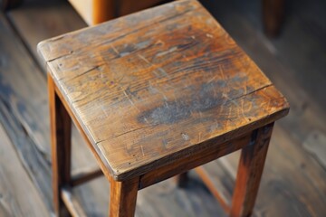 Distressed Square Wooden Stool with Scratches and Marks, Perfect for Rustic Decor and Themed Shoots