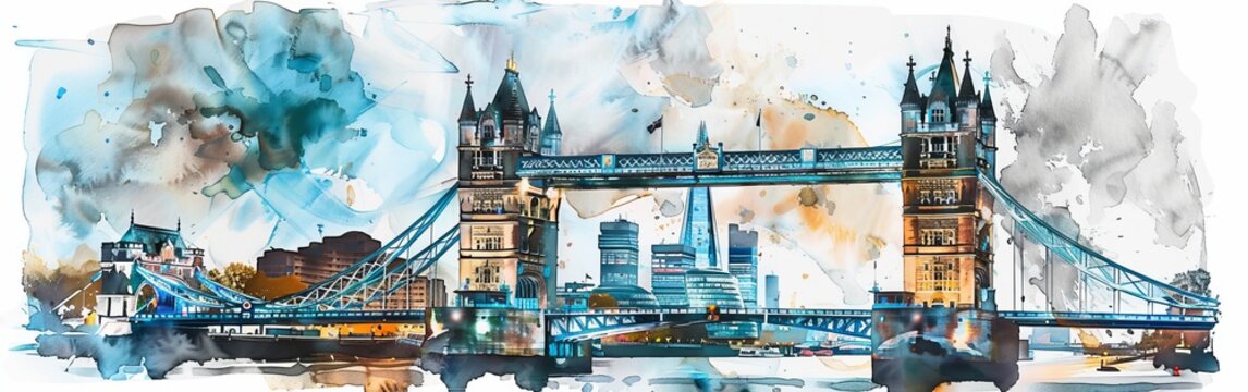 A detailed watercolor painting showcasing the iconic Tower Bridge in London. The art features the distinctive architecture of the bridge spanning over the River Thames, with intricate details of its t