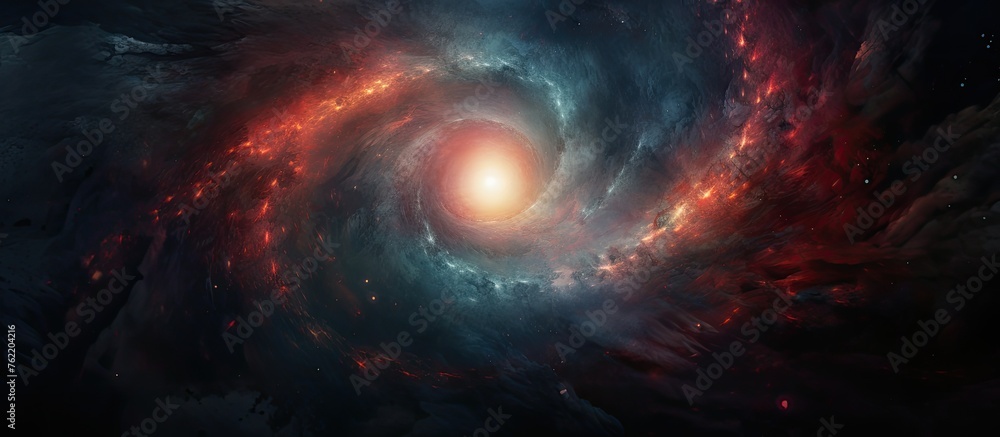 Poster an astronomical object with a red and blue swirl in the center, resembling a nebula within the galax