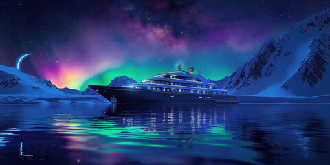Cruise ship in the northern sea with snow mountain, crescent moon and colorful aurora light in the night sky
