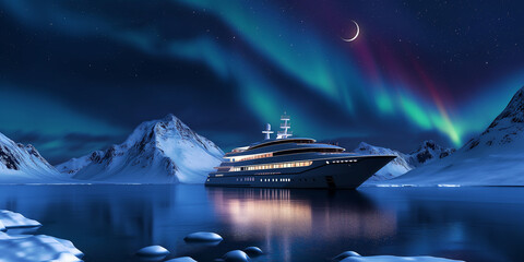 Cruise ship in the northern sea with snow mountain, crescent moon and aurora in the night sky