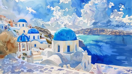 A watercolor painting depicting a serene blue and white church standing proudly by the vast ocean, with waves gently crashing against the shore under a clear sky. - Powered by Adobe